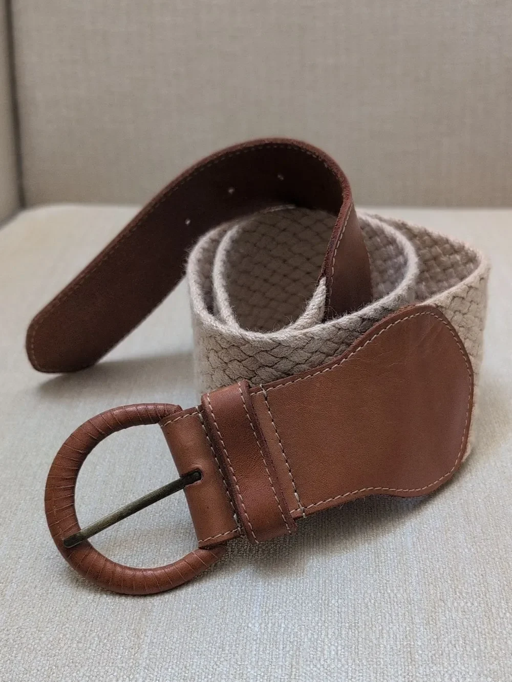J. McLaughlin Brown Leather-Trim Wide Woven Belt Coastal Preppy Size L/XL